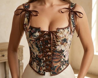Vintage Blumen Schnüren Korsett Bustier Top Französisch Jacquard Formwäsche Leibwäsche für Frauen