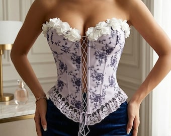 花柄レースのストラップレスコルセットトップ エレガントなヴィンテージ韓国風ビスチェ