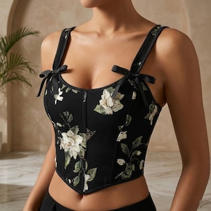ヴィンテージフローラルコルセットトップ、フレンチスタイルビスチェ、ダブルストラップ、ウエストシェイプ