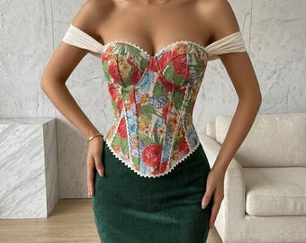 Corsé vintage de jacquard sobre el busto con estampado colorido, faja reductora y bustier