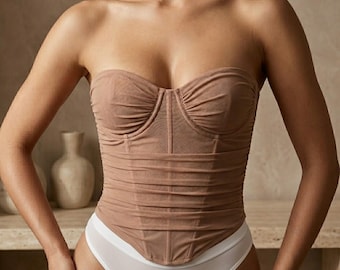 Axelbandslös meshkorsetttopp för kvinnor Andningsbar byststödjande Shapewear Bustier