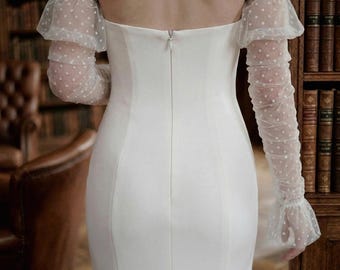 Lunghi guanti senza dita in pizzo, tulle trasparente a pois, eleganti maniche da sposa, estetica vintage da vecchia ricchezza, abito da sposa per i preparativi