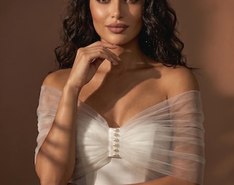 Véu de noiva branco com ombros à mostra, bolero de tule, xale curto sem mangas, jaqueta com detalhes em pérola, cobertura para casamento, véu catedral estilo gaiola de passarinho.