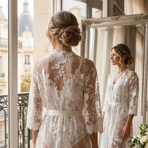 Braut Gewand Hochzeit Morgen Braut Kleidung immer bereit Outfit Braut Spitze Kimono Blumen Stickerei schiere Stoff Satin Krawatte Taille Design Bild 5