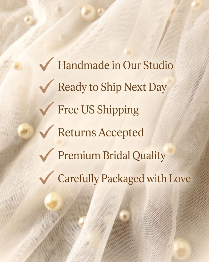 May include: A sheer white tulle fabric adorned with scattered cream-coloured pearls. Overlaid text includes: Handmade in Our Studio, Ready to Ship Next Day, Free US Shipping, Returns Accepted, Premium Bridal Quality, and Carefully Packaged with Love.