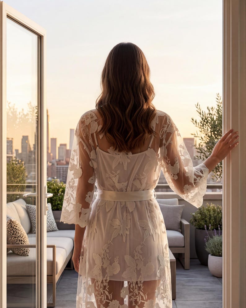 K&ouml;nnte beinhalten: Wei&szlig;er floraler Spitzenmantel mit passendem Unterkleid. Der Mantel hat weite &Auml;rmel und einen Bindeg&uuml;rtel. Die Person steht auf einem Balkon mit Blick auf die Skyline einer Stadt. Die Szene ist in warmes, nat&uuml;rliches Licht getaucht.
