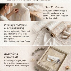 Puede incluir: Accesorios de boda hechos a mano, incluyendo capas y bufandas de novia en blanco y marfil. La imagen muestra rollos de tela, encaje y una prenda en caja de regalo con una etiqueta Thank You. Texto: Handcrafted Wedding Accessories, Own Production, Premium Materials & Craftsmanship, Ready for a Perfect Gift, Designed for modern brides worldwide.