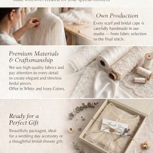 May include: Handcrafted wedding accessories including bridal capes and scarves in white and ivory. The image displays fabric rolls, lace, and a gift-boxed garment with a Thank You tag. Text includes Handcrafted Wedding Accessories, Own Production, Premium Materials & Craftsmanship, Ready for a Perfect Gift, and Designed for modern brides worldwide.