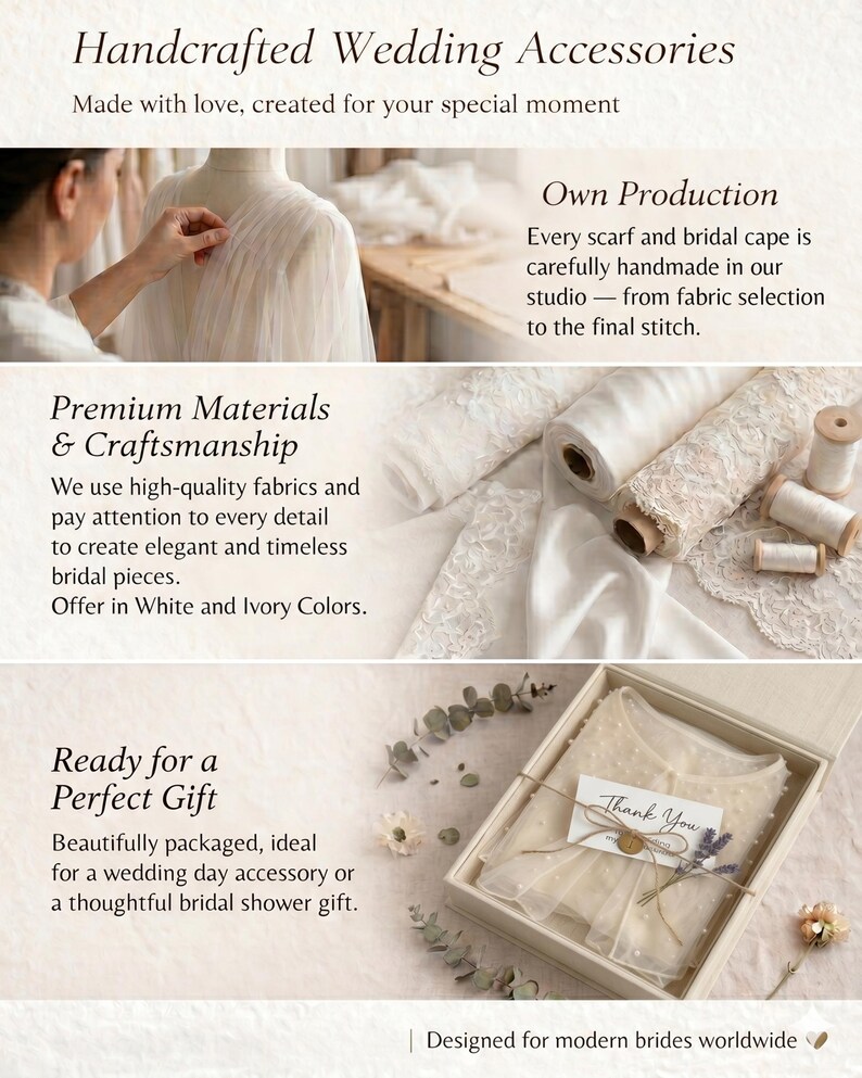 May include: Handcrafted wedding accessories including bridal capes and scarves in white and ivory. The image displays fabric rolls, lace, and a gift-boxed garment with a Thank You tag. Text includes Handcrafted Wedding Accessories, Own Production, Premium Materials & Craftsmanship, Ready for a Perfect Gift, and Designed for modern brides worldwide.