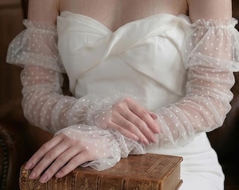 Sheer Polka Dot Ruffled Detachable Bridal Sleeves - White Pearl Dot Mesh Wedding Off Shoulder Ruffle Cuff Gloves, Jane Austen Inspired Bride