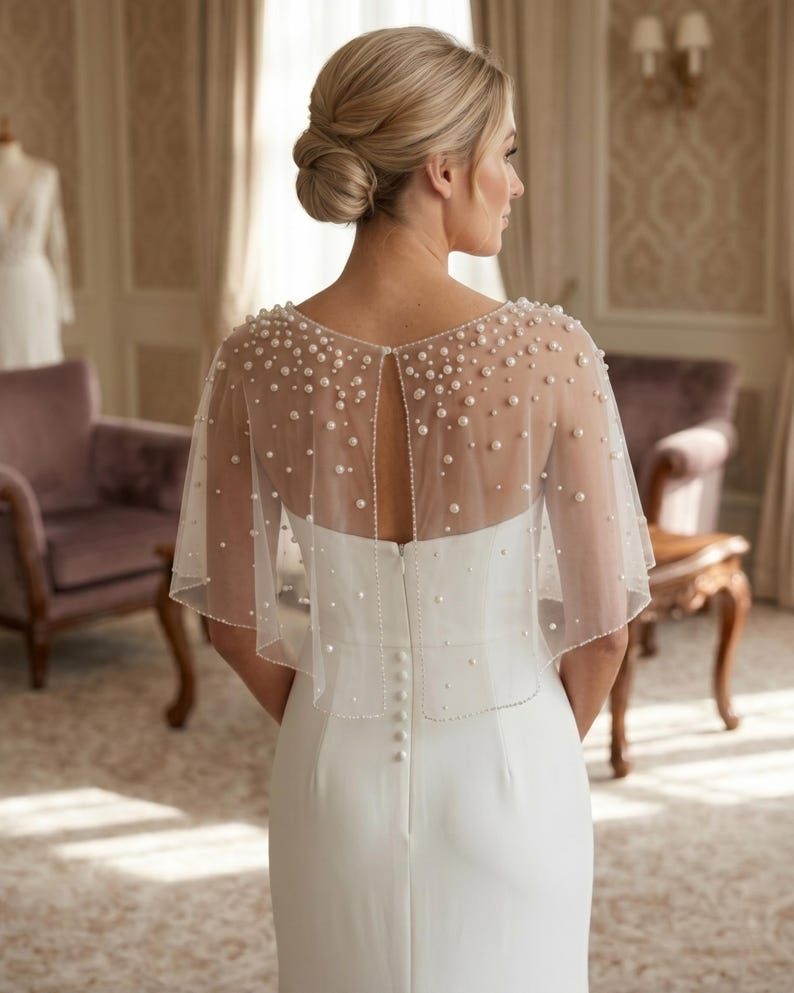 K&ouml;nnte beinhalten: Ein bodenlanges wei&szlig;es Kleid mit einem transparenten T&uuml;ll-Capelet, das mit verstreuten wei&szlig;en Perlen besetzt ist. Das Capelet hat ein offenes R&uuml;ckendesign und das Kleid verf&uuml;gt &uuml;ber eine vertikale Reihe kleiner wei&szlig;er Kn&ouml;pfe am Rei&szlig;verschluss.