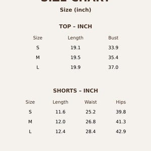 May include: A size chart for a top and shorts with measurements in inches. The table lists sizes S, M, and L with corresponding length and bust for the top, and length, waist, and hips for the shorts. Text includes 'SIZE CHART', 'Size (inch)', 'TOP - INCH', 'SHORTS - INCH', and 'Please allow slight variation due to manual measurement.'