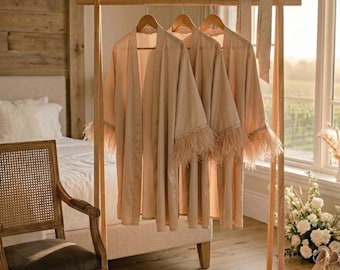 Champagne Silk Satin Bridal Robe with Ostrich Feather Cuffs, Bridesmaid Getting Ready Robes, Plus Size Wedding Kimono Outfit for Bride Party