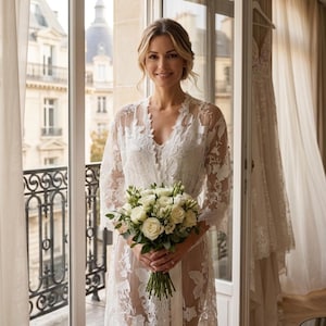 Braut Gewand Hochzeit Morgen Braut Kleidung immer bereit Outfit Braut Spitze Kimono Blumen Stickerei schiere Stoff Satin Krawatte Taille Design Bild 2