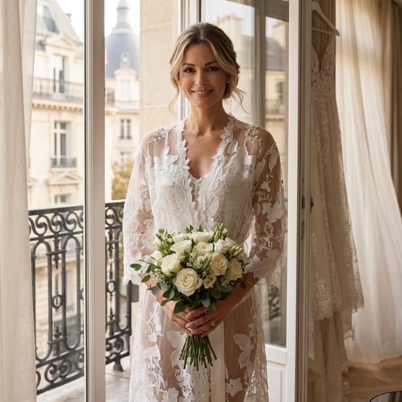 Braut Gewand Hochzeit Morgen Braut Kleidung immer bereit Outfit Braut Spitze Kimono Blumen Stickerei schiere Stoff Satin Krawatte Taille Design Bild 2