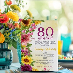 80er Geburtstagseinladung, 80er Blumeneinladung Vorlage, Digitale Geburtstagsfeier, Rosa 80er Geburtstagskarte, Vorlage für Geburtstagseinladungen