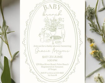 Vintage Baby Brunch Invitation, Sage Green Hand Drawn Baby Shower invitation Baby shower invite, Instant Download Boy Girl Digital Template