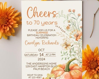 Surprise 70th Birthday Invitations for Women, Pumpkin Fall Autumn Floral Surprise 80th Birthday Party Invite Template Instant Download