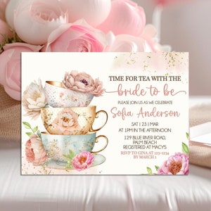 Tea Party Bridal Shower Invitation Template, Editable Boho Bridal Shower Invite, Bridal Shower Tea Printable Invite, Instant Download