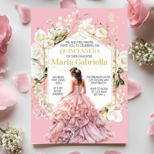 Quince Invitation Pink Quinceanera Dress Template Editable Floral Party Invite, Mis Quince Anos 15th Birthday Instant Digital Download
