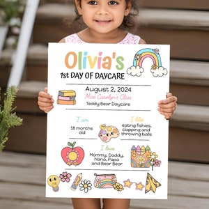 Editable First Day of Daycare Sign Template, Pastel Girl Digital Baby 1st Printable, Back to School Photo Prop, Preschool Instant Download