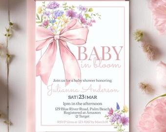 Invito per baby shower con fiocco rosa, elegante invito floreale con fiori di campo, modello stampabile per festa in giardino Coquette con download immediato