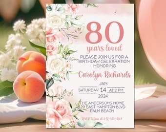 80e roze verjaardagsuitnodiging, 80e uitnodigingssjabloon, digitale verjaardagsfeestje voor volwassenen, blozen bloemen 80e kaart, verjaardag direct downloaden