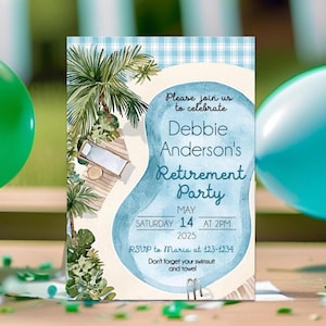 Retirement Party Invitation Template, Editable Birthday Surprise Swimming Pool Party Phone Invite, Instant Download Digital Printable Evite