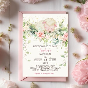 Little Lamb Baby Shower Invitation, Sheep Baby Shower, Editable Lamb invitation, Sheep Girl Baby Shower Invite, Favor Tag Included
