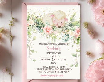 May include: A pink and white baby shower invitation with a watercolor illustration of a sleeping lamb surrounded by flowers. The text reads "Please join us to celebrate Sophia's Baby Shower, January 14, 2024 at 2 PM. The Andersons Home, 129 East Hampton Blvd, Palm Beach. RSVP to Gina at 842-123-4567. Registered at Pottery Barn Kids."