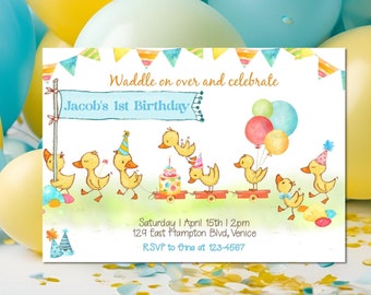 May include: A yellow and blue birthday invitation with a cartoon illustration of ducks pulling a wagon with a cake. The text reads "Waddle on over and celebrate Jacob's 1st Birthday. Saturday | April 15th | 2pm 129 East Hampton Blvd, Venice RSVP to ona at 123-4567"