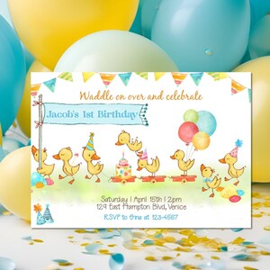 Duck First Birthday invitation, One Lucky Duck, 1st Birthday Rubber Duckie Invite, Printable Duck Birthday editable template