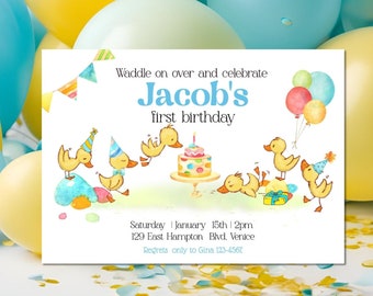 Duck First Birthday Invitation Party Invitation, Yellow Blue 1st Birthday Boy Party Invite Template Digital Printable Instant Download