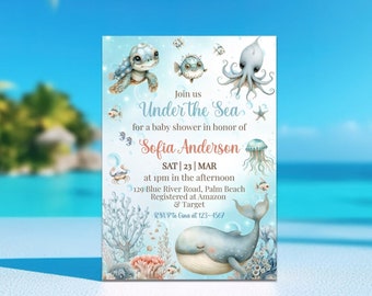 Editable Under The Sea Baby Shower Invitation, Ocean Baby Shower Invite, Nautical Baby Shower Template, Gender Neutral, Instant Download