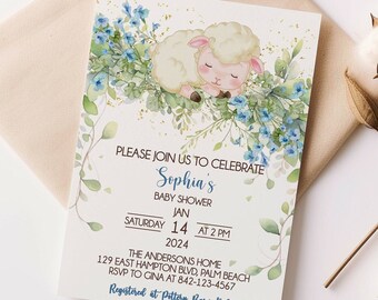 May include: A baby shower invitation with a watercolor illustration of a sleeping lamb surrounded by blue flowers. The invitation is for Sophia's baby shower on January 14th, 2024 at 2 PM. The event will be held at The Andersons Home, 129 East Hampton Blvd, Palm Beach. RSVP to Gina at 842-123-4567. The invitation also states that the registry is at Pottery Barn Kids.