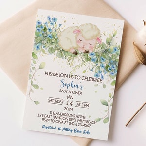 Little Lamb Blue Baby Shower Invitation, Sheep Baby Shower, Editable Lamb invitation, Sheep Boy Baby Shower Invite, Favor Tag Included