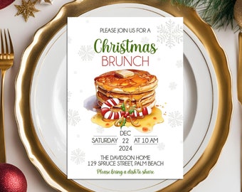 May include: A Christmas brunch invitation with a festive illustration of a stack of pancakes topped with maple syrup and candy canes. The invitation includes the date, time, and location of the event. It also requests guests to bring a dish to share.