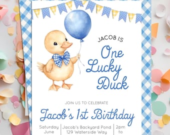 May include: A birthday invitation featuring a watercolor illustration of a duck holding a blue balloon. The invitation reads "Jacob is One Lucky Duck" and includes event details: date, time, and location. The design incorporates blue and yellow accents.