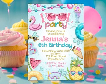 Editable Pool Party Invitation, Pool Party Birthday Invitation Girl Template, Pool Party Invite, Tropical Swimming Party Instant Download