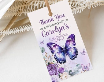 80th Birthday favor tag, Purple Floral Butterfly Favor Tag, INSTANT DOWNLOAD, Printable 80th Birthday Favor Tags Template, Thank You