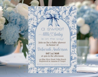 Toile De Jouy Baby Shower Invitation, Light Blue Chinoiserie Baby Shower Invite, Dusty Blue Ribbon Instant Download Boy Baby Shower Template