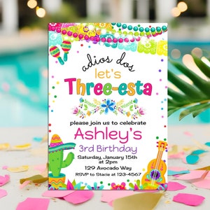 Editable Three Esta Invitation, 3rd Birthday Party Invitation, Fiesta Girl Birthday Invites Template, Party Favor Tag Decor Instant Download