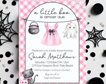 Bewerkbare Little Boo Halloween babyshower uitnodiging voor een meisje, roze strik herfstuitnodiging, griezelige spook babyshower uitnodiging sjabloon direct te downloaden