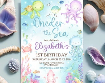 Oneder the Sea Birthday Invitation Template, Printable Under the Sea Editable Girls 1st Birthday Invite, Ocean Animals Instant Download