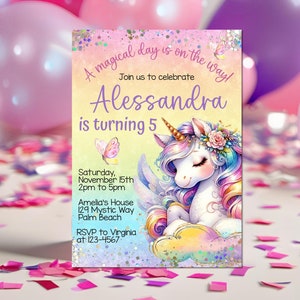 Modello modificabile per invito di compleanno a tema unicorno, invito per festa a tema unicorno magico arcobaleno, arcobaleno pastello per qualsiasi età, download digitale istantaneo