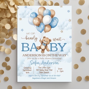 Invito per baby shower modificabile We Can Bearly Wait, modello di invito Teddy Bear Boy Boho Balloon, download istantaneo stampabile digitale
