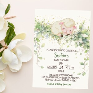 Editable Lamb Baby Shower Invitation, Sheep Baby Shower Invite, Lamb invitation, Greenery Invitation, Instant Download Baby Shower Invite