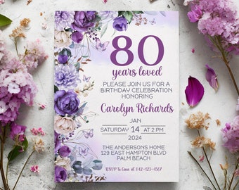 80e verjaardagsuitnodiging, 80e uitnodigingssjabloon, digitaal 80e verjaardagsfeestje, paarse bloemen 80e verjaardagskaart, sjabloon verjaardagsuitnodiging