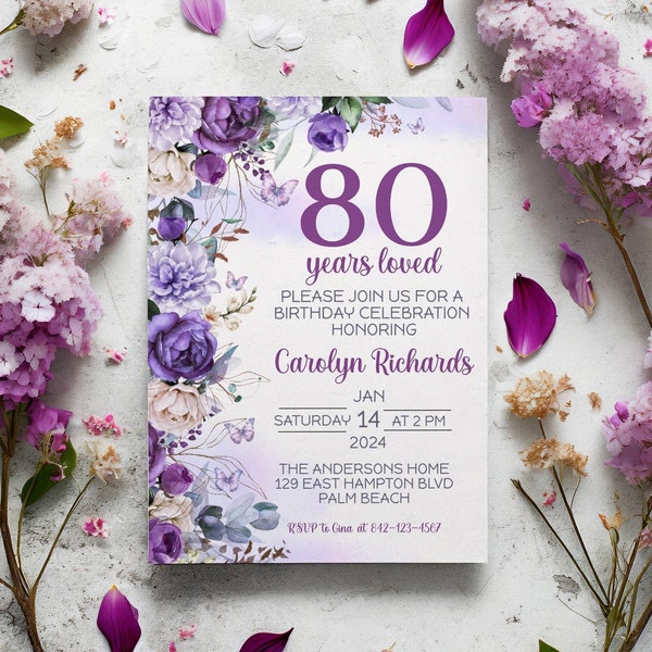 80th Birthday Invitation, 80th Invite Template, Digital 80th Birthday Party, Purple Floral 80th Birthday Card, Birthday Invitation Template