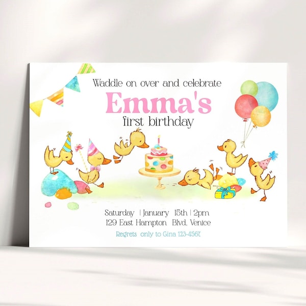 Duck Invitation Duck First Birthday Invitation Rubber Duck Invite One Lucky Duck Pink Invitation Girl Rubber Duckie Invitation Printable